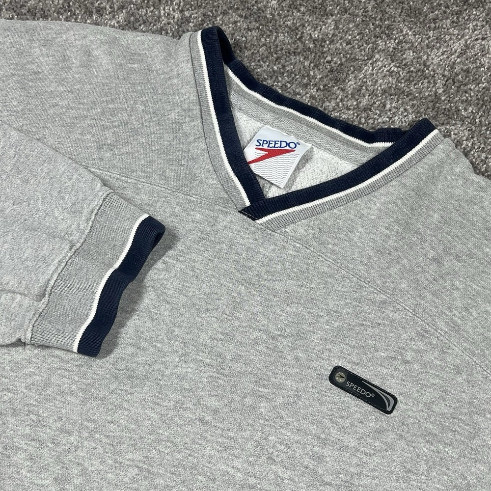 Vintage 90s Speedo Mens Large V-Neck Logo Sweatshirt Gray Pullover Skate Surf